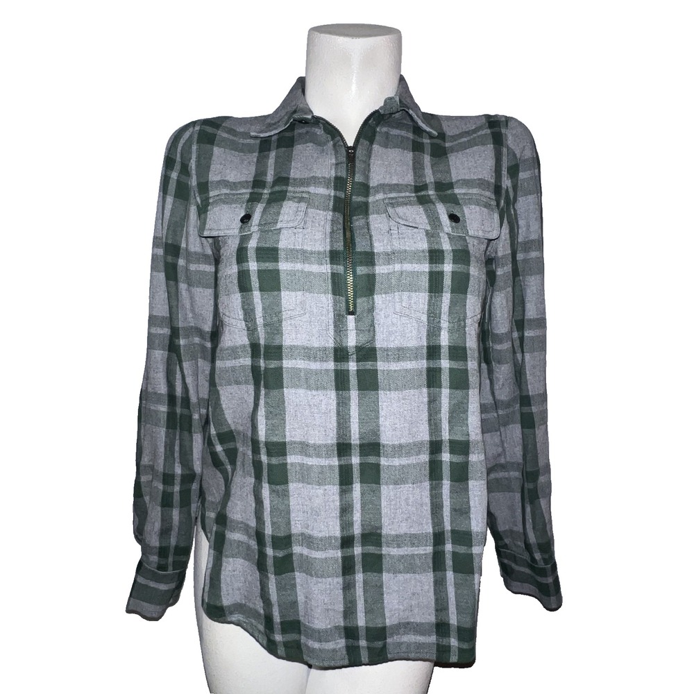 Madewell Green Gray Plaid‎ Flannel Half Zip Pullover Shirt F6722 Womens Small